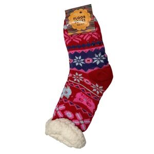 Sole Trends Red Fair Isle Sherpa Lined Floor Socks Non-Slip Slipper Socks 9-11